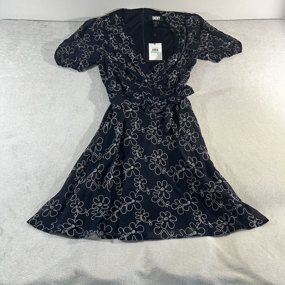 DKNY Women’s V-neck Ruffled Flutter Sleeve Dress Navy Floral Midi Size 8